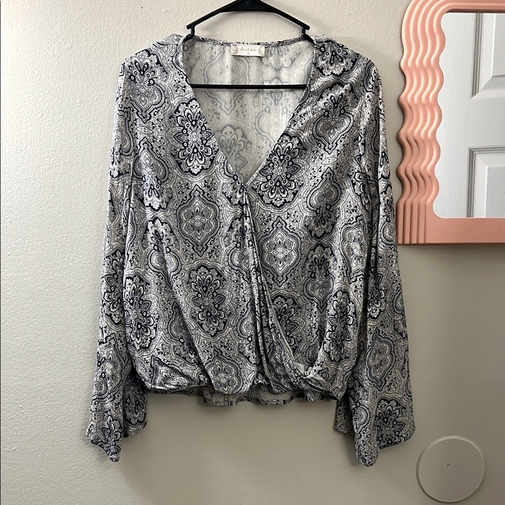 Altar'd State Blue and White Wrap Blouse with Long Sleeves